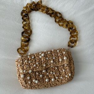 Elegant Pearl-Embellished Tan Woven Bag